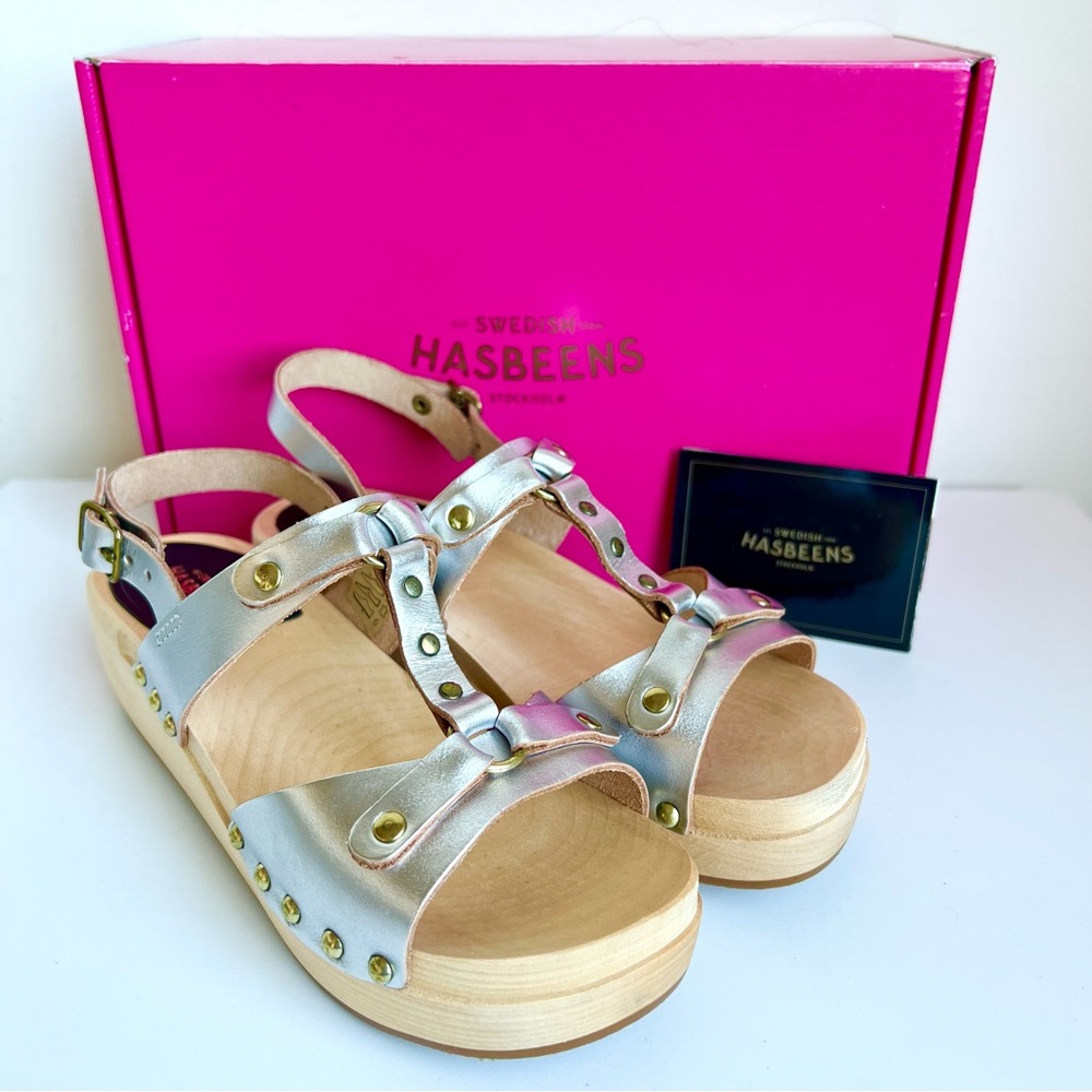 New 6 SWEDISH HASBEENS RIVET Wooden Clogs Platform Sandals Wedges Open Toe Shoes